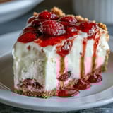 A slice of White Chocolate Raspberry Cheesecake Bliss reveals creamy layers and a vibrant, tangy raspberry swirl.