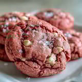 A plate of freshly baked Pink Velvet Cookies with vibrant pink hues and melted white chocolate chips.