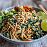 Tossed rice noodles in Asian Peanut Noodle Bowl with carrots, bell peppers, and peanut dressing, ready to serve.