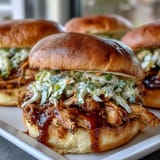 Slow-cooked pulled BBQ chicken sandwiches smothered in tangy sauce, served with creamy coleslaw for a classic American meal.  