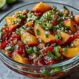 Fresh peach jalapeño salsa topping grilled fish with vibrant summer colors.