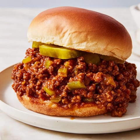 Steaming, hearty Sloppy Joes piled high on toasted buns, presented with crunchy pickle slices.