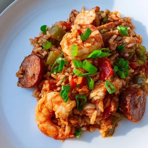 A close-up of a flavorful jambalaya, with rice and vegetables, ready to serve.