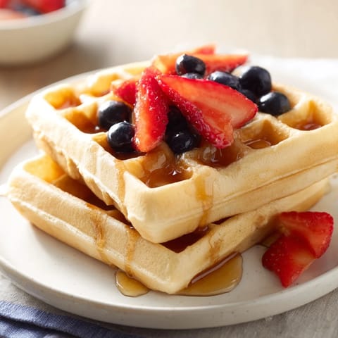 Fluffy waffles, stacked high, drizzled with syrup and topped with fresh, vibrant berries.