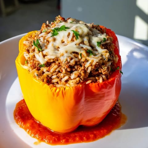Savory ground beef and rice fill warm stuffed bell peppers, baked to tender perfection with tomato sauce.