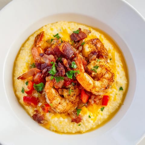 Sizzling shrimp sit atop creamy grits in this photo of Shrimp and Grits, a Southern savory staple.