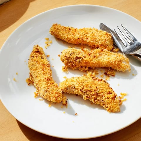 A close-up of herbed Crispy Panko Chicken Strips on a wooden board, showcasing the crunchy breadcrumb coating and tender, juicy chicken inside for an easy weeknight meal.