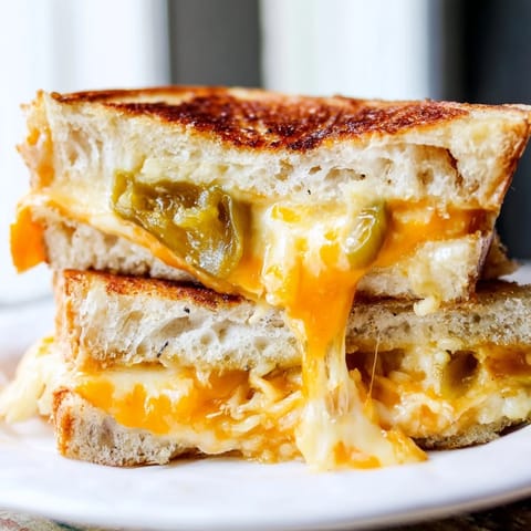 A close-up of a jalapeño pepper jack grilled cheese sandwich, highlighting the gooey cheese and tangy jalapeños on buttery sourdough.