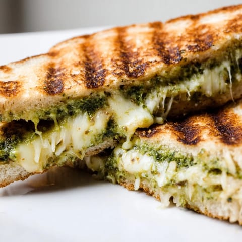 Crispy golden sourdough pesto grilled cheese with melted mozzarella and sharp cheddar on a wooden board.