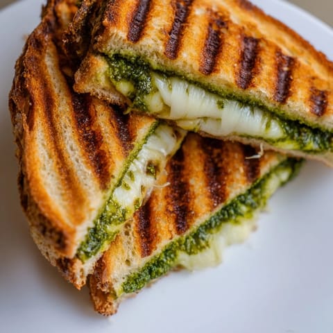Warm sourdough pesto grilled cheese sandwich cut in half, revealing layers of basil pesto and gooey cheese.