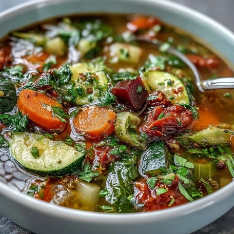 Bright, steaming bowl of Rainbow Vegetable Detox Soup, loaded with red beets, carrots, and zucchini, garnished with fresh dill.