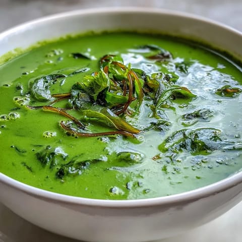 Creamy vegan Spinach Coriander Lemongrass Soup glows vibrant green, garnished with fresh cilantro and lime wedges.