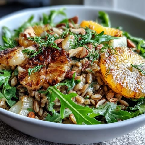 This Mediterranean Farro Salad With Fennel, Oranges, and Almonds is tossed in a citrus vinaigrette, making a vibrant lunch or refreshing side.  