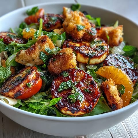 Fried golden halloumi and juicy blood orange slices sit atop a vibrant salad with crisp croutons.