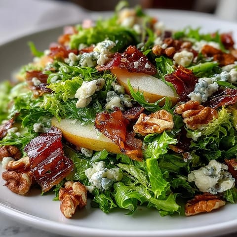 A close-up of Frisée, Pear, Blue Cheese, and Crispy Prosciutto Salad, with frisée greens, pear slices, crumbled blue cheese, and golden prosciutto shards glistening with vinaigrette.  
