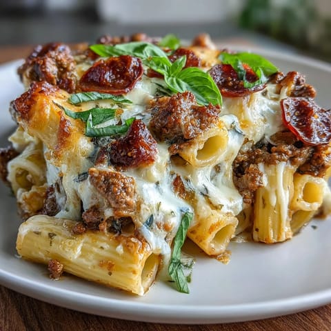Hearty High Protein Italian Beef and Pasta Bake with melty mozzarella and Parmesan, topped with turkey pepperoni for a delicious pizza-inspired family dinner.