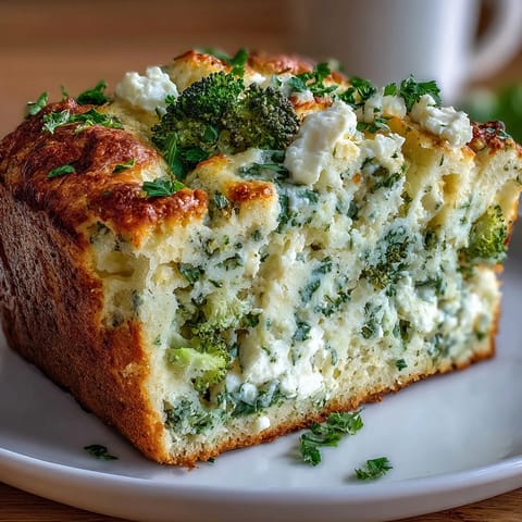 Golden-brown Broccoli and Feta Loaf slices reveal moist crumb and creamy cheese, fresh from the oven for snacks.