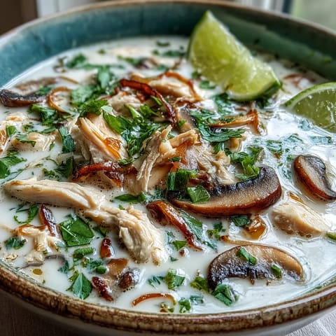 Creamy Authentic Tom Kha Gai in a white bowl, garnished with fresh cilantro and served with lime wedges.