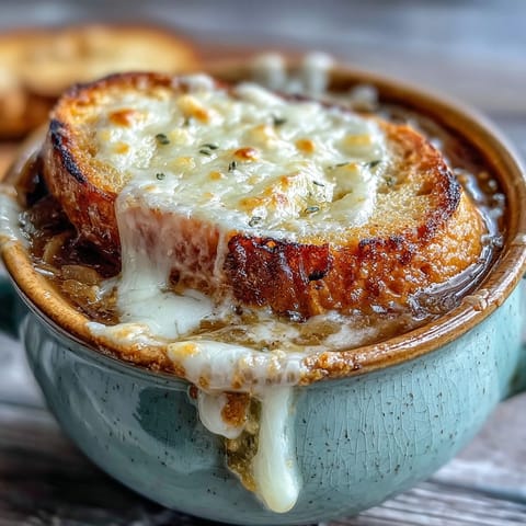 Golden, caramelized onions simmer in a rich beef broth, bubbling under melted Gruyère and a crusty bread slice.
