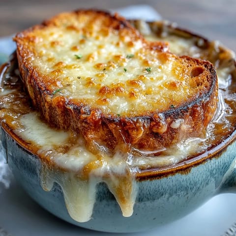 Steaming French Onion Soup in a white bowl, featuring toasty bread and gooey cheese with a fresh thyme garnish.
