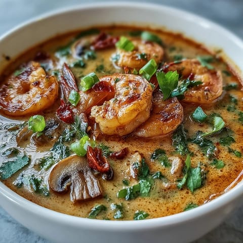 A vibrant bowl of Thai Coconut Shrimp Soup featuring aromatic red curry and lime garnish.