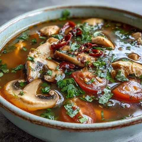 Fresh cilantro and sliced Thai chiles garnish this aromatic Tom Yum Gai, ready to serve with lime wedges.