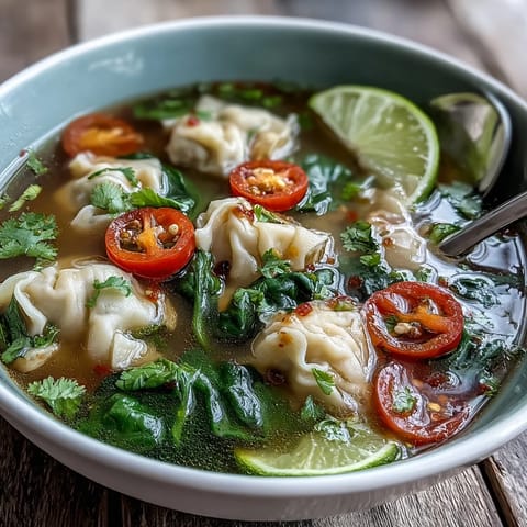 Spoon lifting a wonton from spicy Tom Yum Wonton Soup garnished with coriander and sliced spring onions, served beside chili oil.