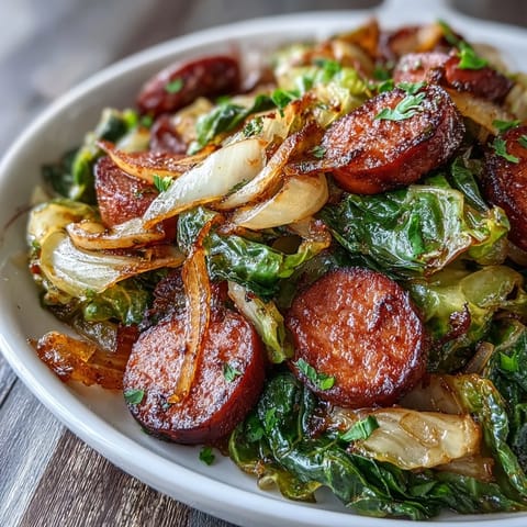A rustic skillet of Smothered Cabbage With Sausage, garnished with herbs and served over creamy rice.