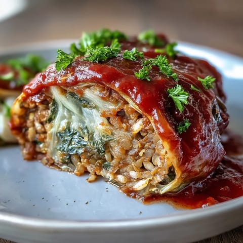 Golden Baked Vegan Cabbage Rolls with rich tomato sauce bubbling in a ceramic dish.