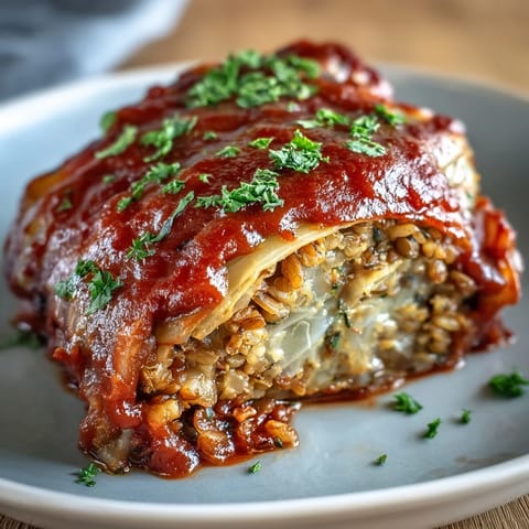 Freshly baked Vegan Cabbage Rolls served beside creamy mashed potatoes and crusty bread.