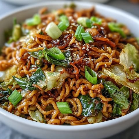 Close-up view of Fried Cabbage Ramen, highlighting golden-brown edges on the cabbage and fresh scallions garnishing the steaming noodles.