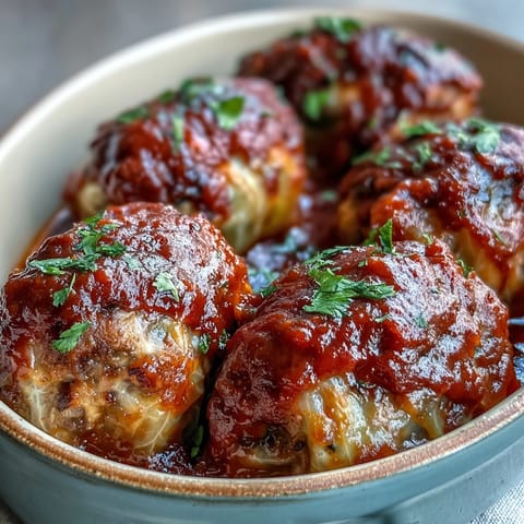 Golden brown Cabbage Rolls topped with fresh parsley, bubbling in a rich tomato sauce in a baking dish.