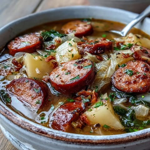 Sliced smoked sausage rounds and tender potatoes simmered in a savory broth with cabbage.
