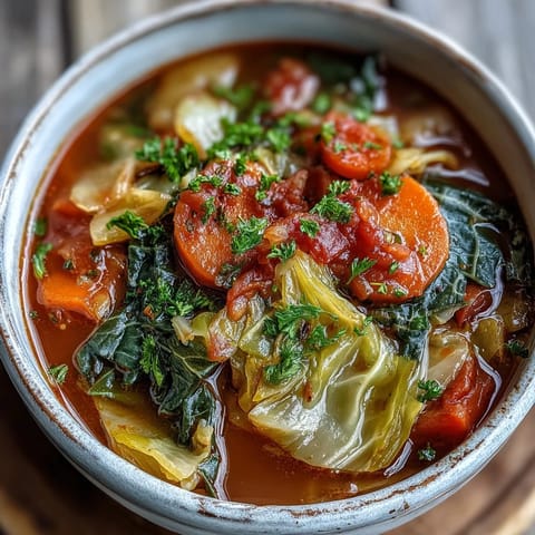 Fresh parsley garnishes a ladle of Classic Cabbage Soup, ready to serve with crusty bread on the side.