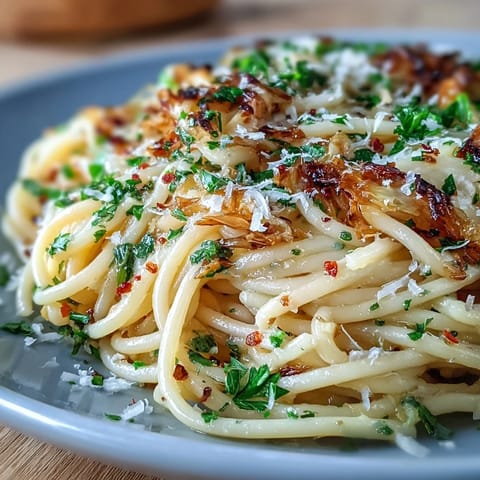 A close-up of golden caramelized cabbage and linguine tossed with garlic, Parmesan, and a hint of red pepper flakes.