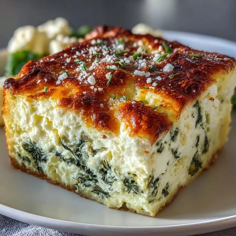 A golden-baked High Protein Spinach Artichoke Casserole with a creamy, savory filling of spinach, artichoke, and feta.