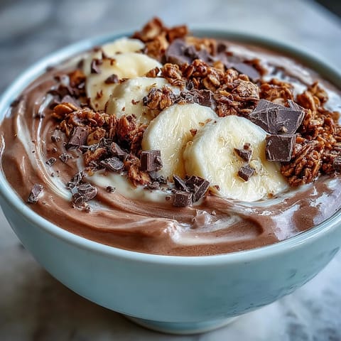 Thick Chocolate Peanut Butter Smoothie Bowl topped with fresh banana slices, granola and a rich peanut butter drizzle.