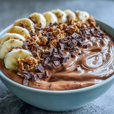 A vibrant close-up of a creamy Chocolate Peanut Butter Smoothie Bowl, garnished with chopped dark chocolate and crunchy granola.