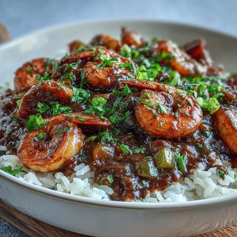 Steaming Classic New Orleans Étouffée served over fluffy white rice with fresh green onions.