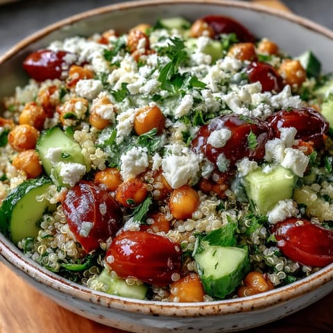 Fluffy quinoa and chickpeas tossed with fresh cherry tomatoes and cucumber in a vibrant High Protein Quinoa & Chickpea Salad.