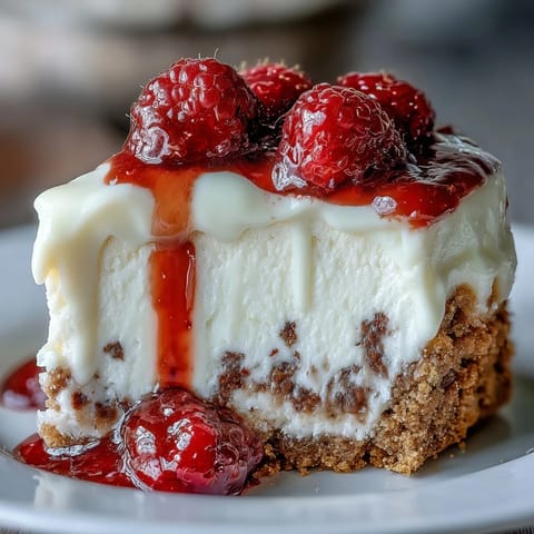 Decadent White Chocolate Raspberry Cheesecake Bliss rests on a buttery graham cracker crust, garnished with fresh berries.