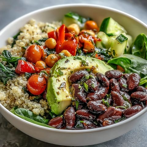 Close-up of the Three-Bean Power Bowl with quinoa, crisp vegetables, and a drizzle of zesty dressing.