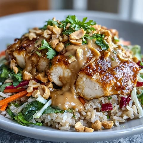 Sliced baked chicken, fluffy grains, and crisp veggies top this Peanut Chicken Power Bowl, drizzled with creamy peanut sauce and garnished with peanuts and cilantro.