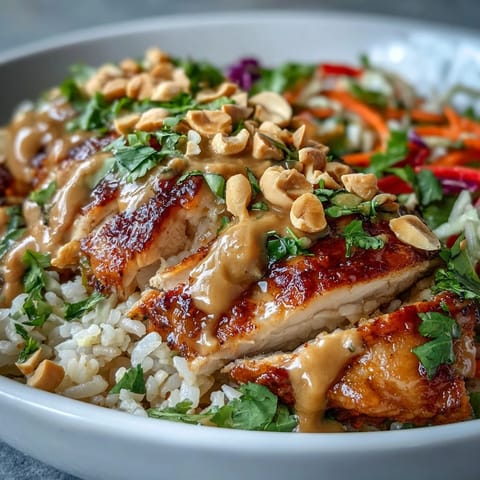 A vibrant Peanut Chicken Power Bowl features golden baked chicken, quinoa, fresh vegetables, and a rich, nutty peanut sauce, finished with lime wedges for brightness.