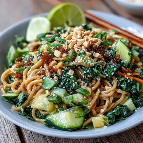 A colorful bowl of Asian Peanut Noodle Bowl with shredded veggies, creamy sauce, and garnishes on a wooden table.