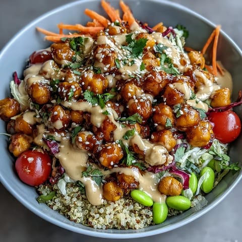 A colorful vegetarian bowl with roasted chickpeas, fresh vegetables, and creamy peanut sauce for a protein-rich meal.