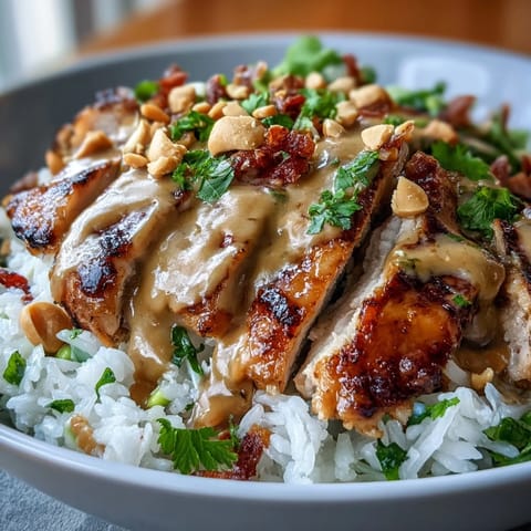 Coconut rice peanut bowl with grilled chicken and fresh veggies, drizzled with creamy peanut sauce for a satisfying meal.  