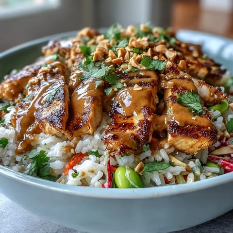 Vibrant coconut rice peanut bowl featuring colorful vegetables, tender grilled chicken, and rich peanut sauce in a nourishing bowl.  