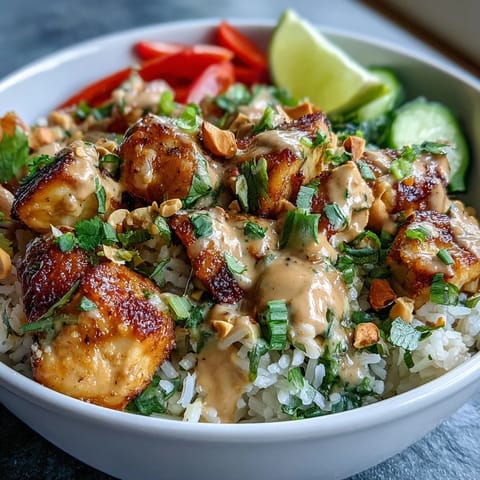 Thai Peanut Chicken Bowl with coconut rice, tender chicken, and crisp veggies, drizzled with spicy peanut sauce.  