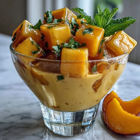 Refreshing mango peach iced tea with mint, served in a glass over ice with fresh mint sprigs and fruit slices.